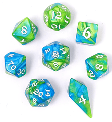 Hymgho Dice: 8 Set Polyhedral Wyrmforged Rollers Rounded Resin Verdent Stream HY02015